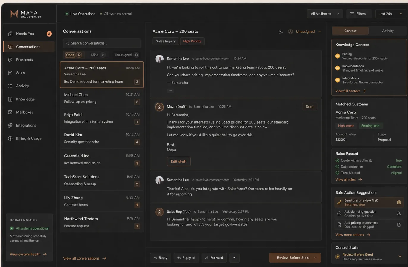 Illustrative Connect conversation workspace with thread context, rules and controlled next actions.