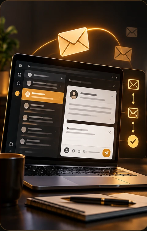A business inbox connects a customer enquiry to a reply and the next follow-up.